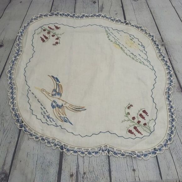 Vintage Handmade Embroidered Bird Doilie Table Decor - Picture 1 of 10